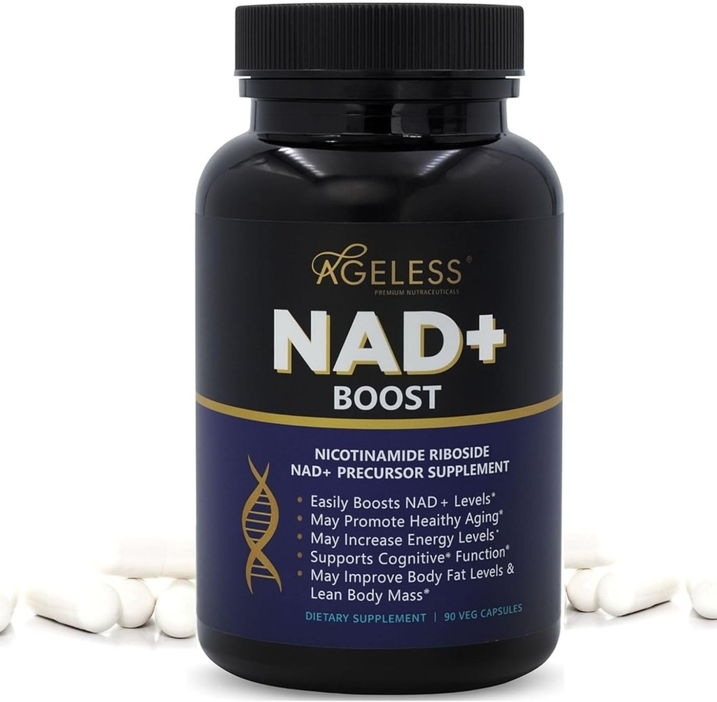 女性と男性のためのエイジレス NAD + サプリメント | 300mg ニコチンアミド リボシド 塩化物 | アンチエイジングのための栄養補助食品 | エネルギー、フォーカス、スタミナ、脂肪代謝と認知機能をサポートしています – 90 カプセル