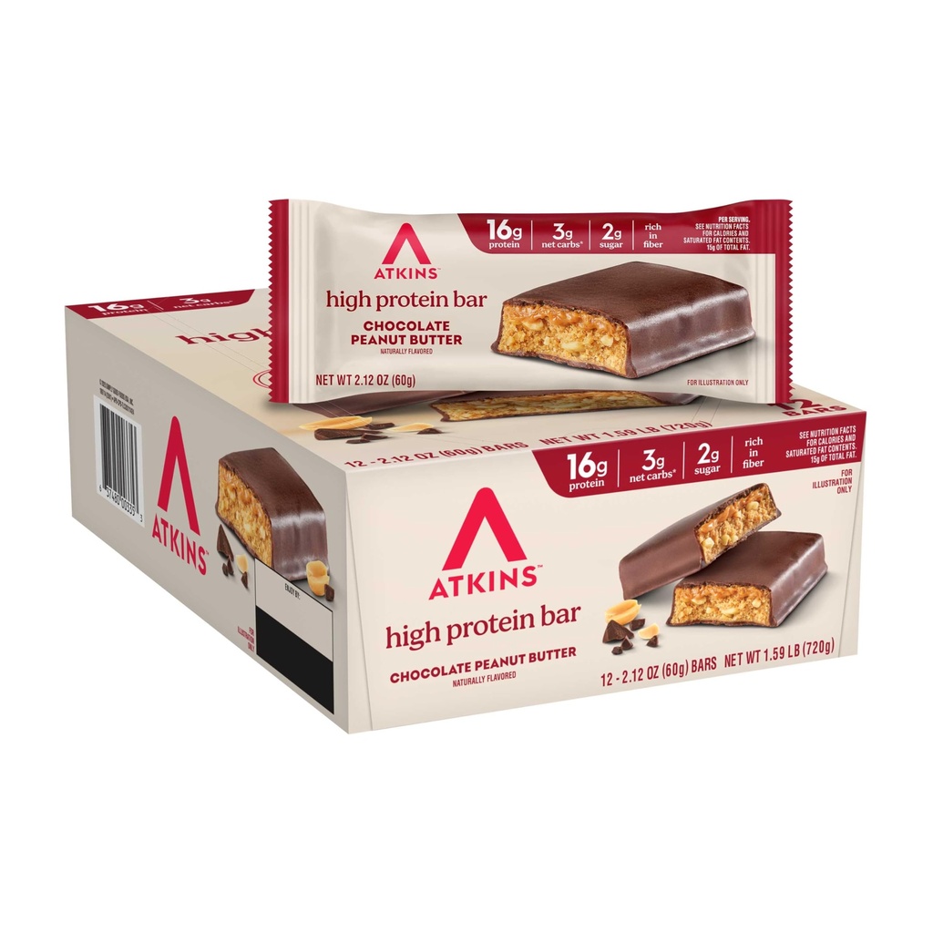 Atkinsチョコレートピーナツバタープロテインミールバー、ハイファイ、16gプロテイン、低砂糖、3g純炭水化物、低炭水化物、ケトフレンドリー、12カウント