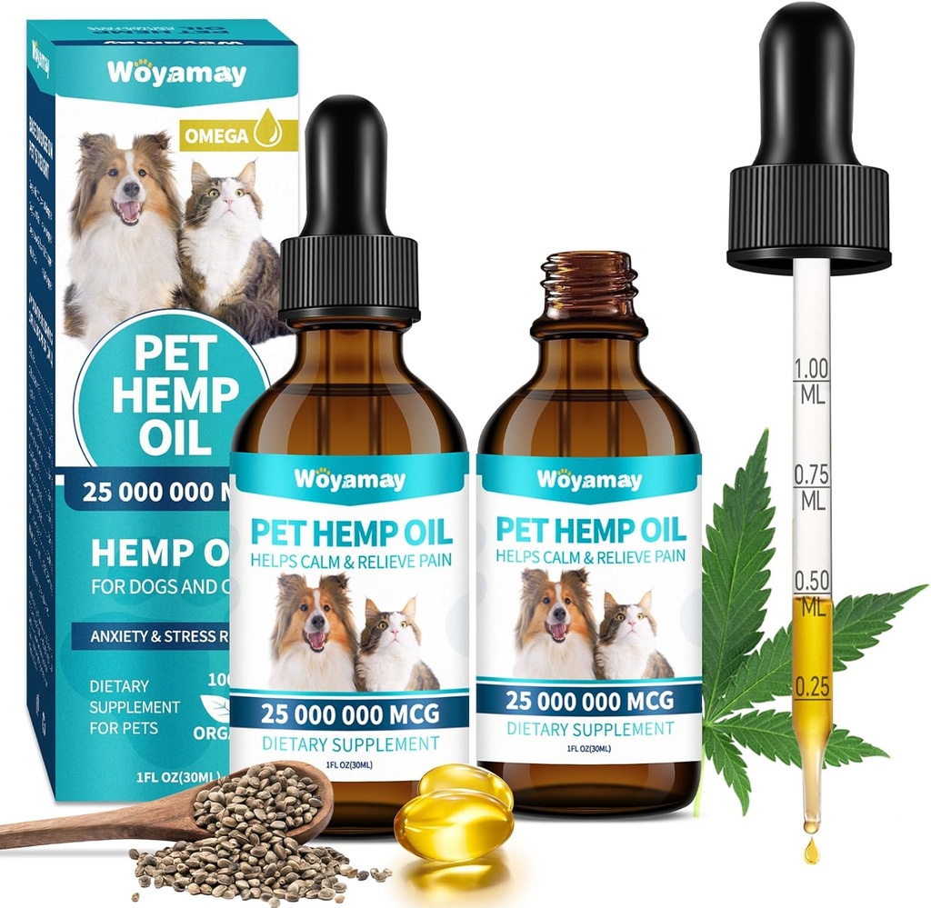 Hemp Oil for Dogs and Cats - Hemp Oil Drops Rich in Omega 3, 6, 9 and Organic Extract Helps Pets with Аnxiеty, Pаin, Strеss, Slееp, Аrthritis, Sеizures Rеlief, Pets Calming Treat-2 Pack
