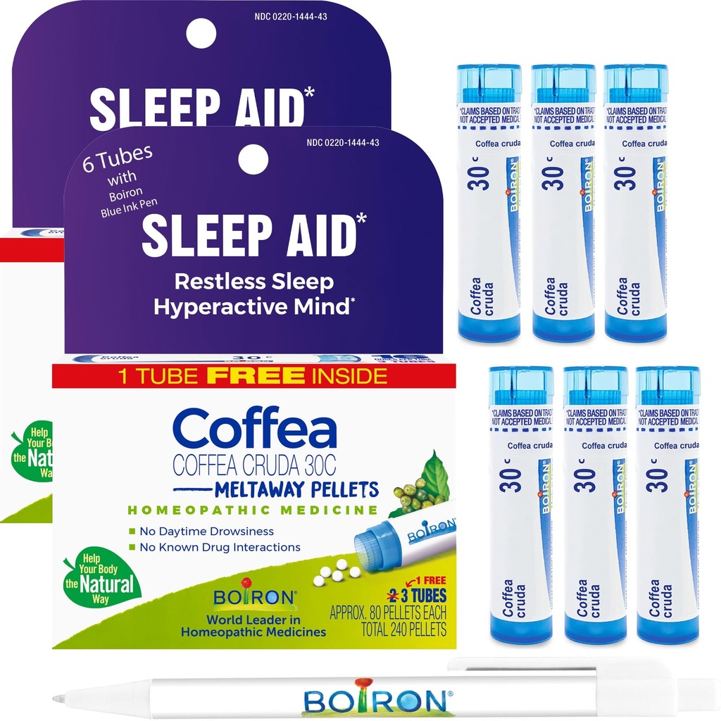 ボイロン Coffea Cruda 30C - 6 Total Blue Tube - ホメオパシー Sleep Aid for Restless Sleep, メンタル Hyperactive, レースの思考, と difficulty 睡眠 with Blue Ink Pen