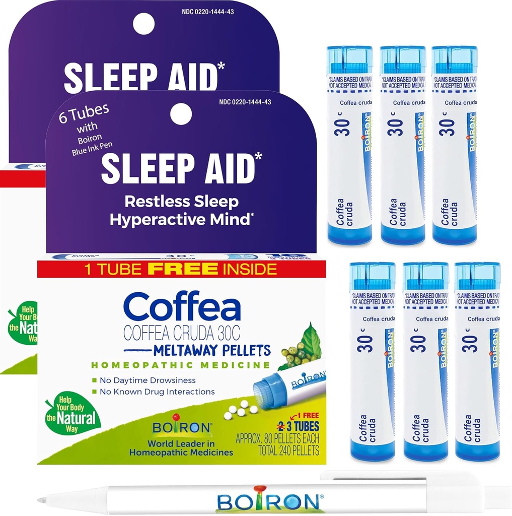 Boiron Coffea Cruda 30C - 6 Total Blue Tubes - Homeopathic Sleep Aid for Restless Sleep, Mental Hyperactivity, Racing Thoughts, and Difficulty Sleeping with Blue Ink Pen