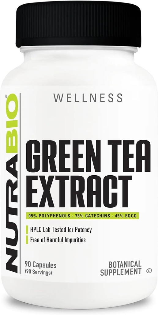 NutraBio Green Tea Extract, Adds Antioxidant Benefits and Helps Overall Health and Well-Being, 500mg - 90 Capsules