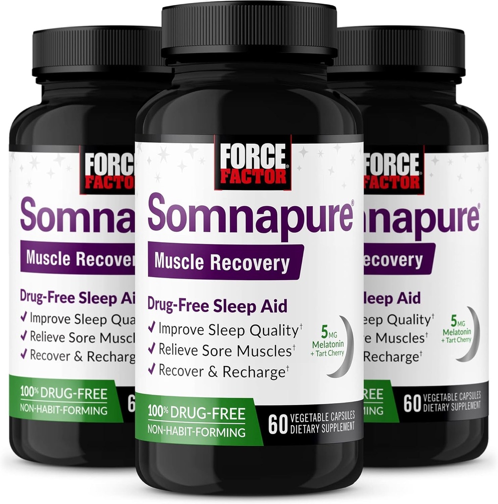 FORCE FACTOR Somnapure筋肉回復はMelatonin 5mg、聖バジルおよびL-テアニン、睡眠サポートのための補足、筋肉痛みの軽減、及び筋肉回復、180の帽子、3パックと大人のための睡眠援助を眠ります