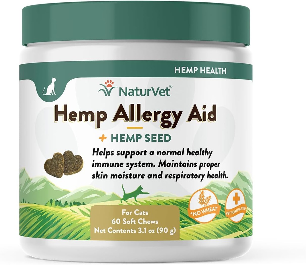 猫のためのNaturVet Hempのアレルギーの援助プラスの麻の種の柔らかい咀嚼、米国で作られる60のct