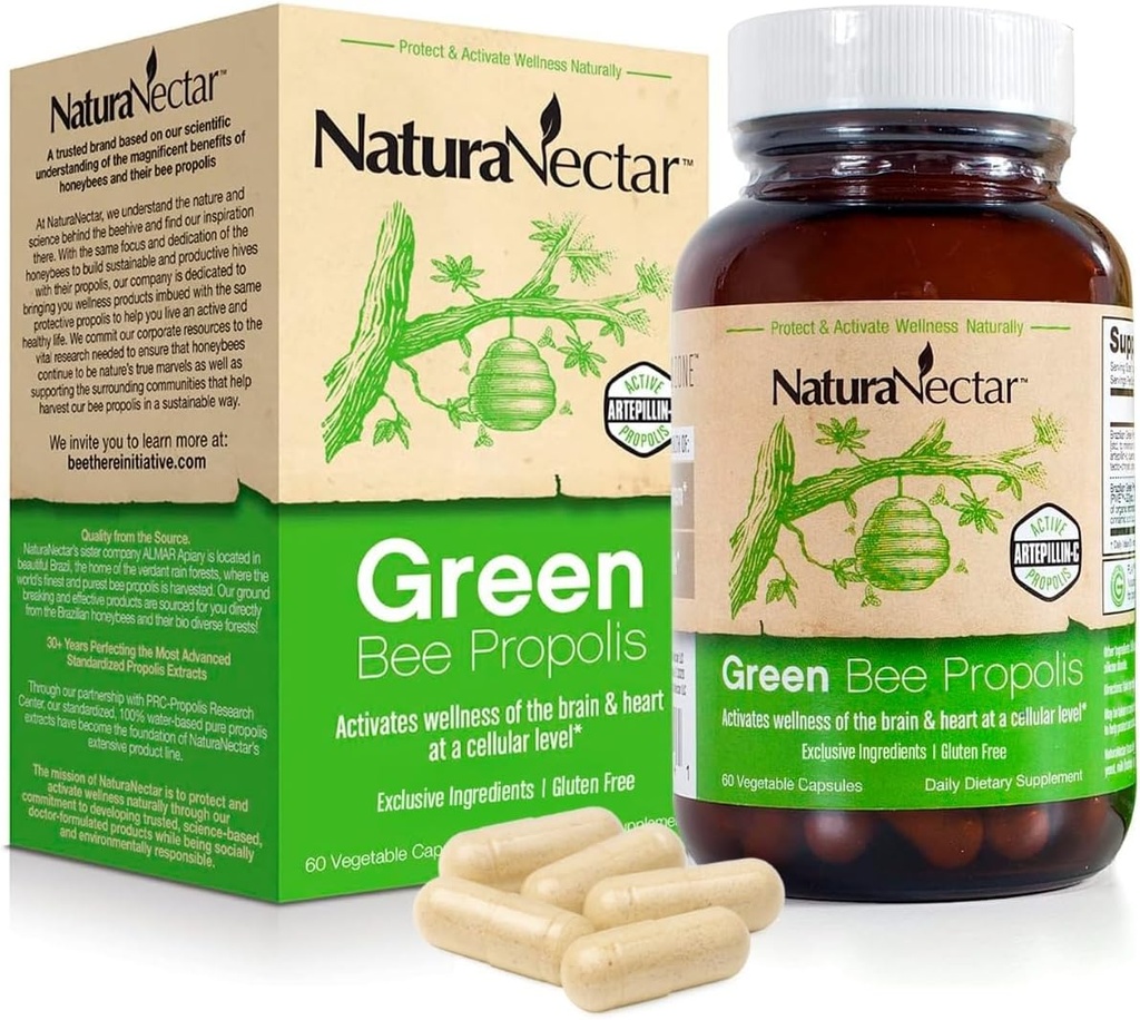 NaturaNectar - Green Bee Propolis Capsules - NSF Contents Certified Brazilian Green Propolis - Gluten-Free Propolis Supplements with Flavonoids - Naturally Sourced Through Ethical Beekeeping (60pcs.)