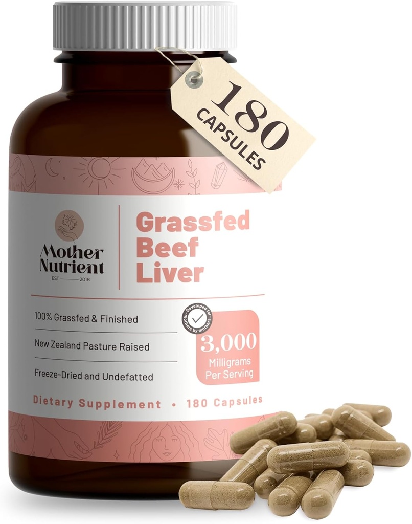 Mother Nutrient Grass Fed Beef Liver Capsules Sourced from Pasture-Raised Beef in New Zealand — Vitamins A and B12 w/Iron, Protein, and More - 45-Day Supply-180 Capsules