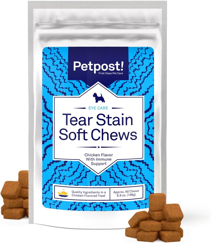 Petpost Tear Stain Remover Soft Chews for Dogs | 90 Count Chicken Flavor Dog Tear Stain Support Supplement | Gentle Eye Care for White Dogs & Light Breeds | Tylosin Free, Made in USA