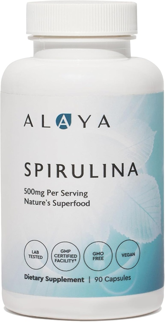 Alaya Naturals - 純粋なスピルリナカプセル - Earthrise Spirulina、ブルーグリーン藻スーパーフード - 非GMO&ビーガン - 500 mg、90カプセル