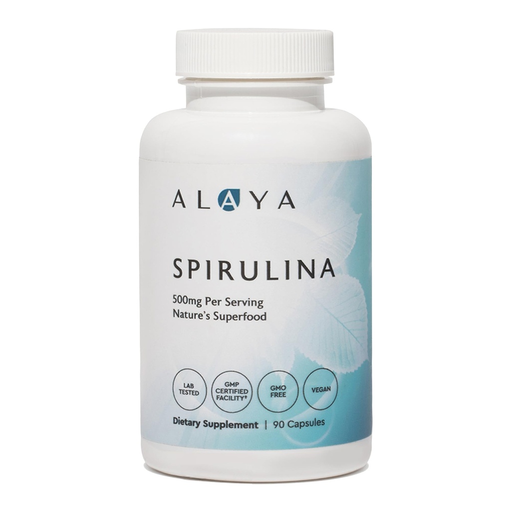 Alaya Naturals - 純粋なスピルリナカプセル - Earthrise Spirulina、ブルーグリーン藻スーパーフード - 非GMO&ビーガン - 500 mg、90カプセル