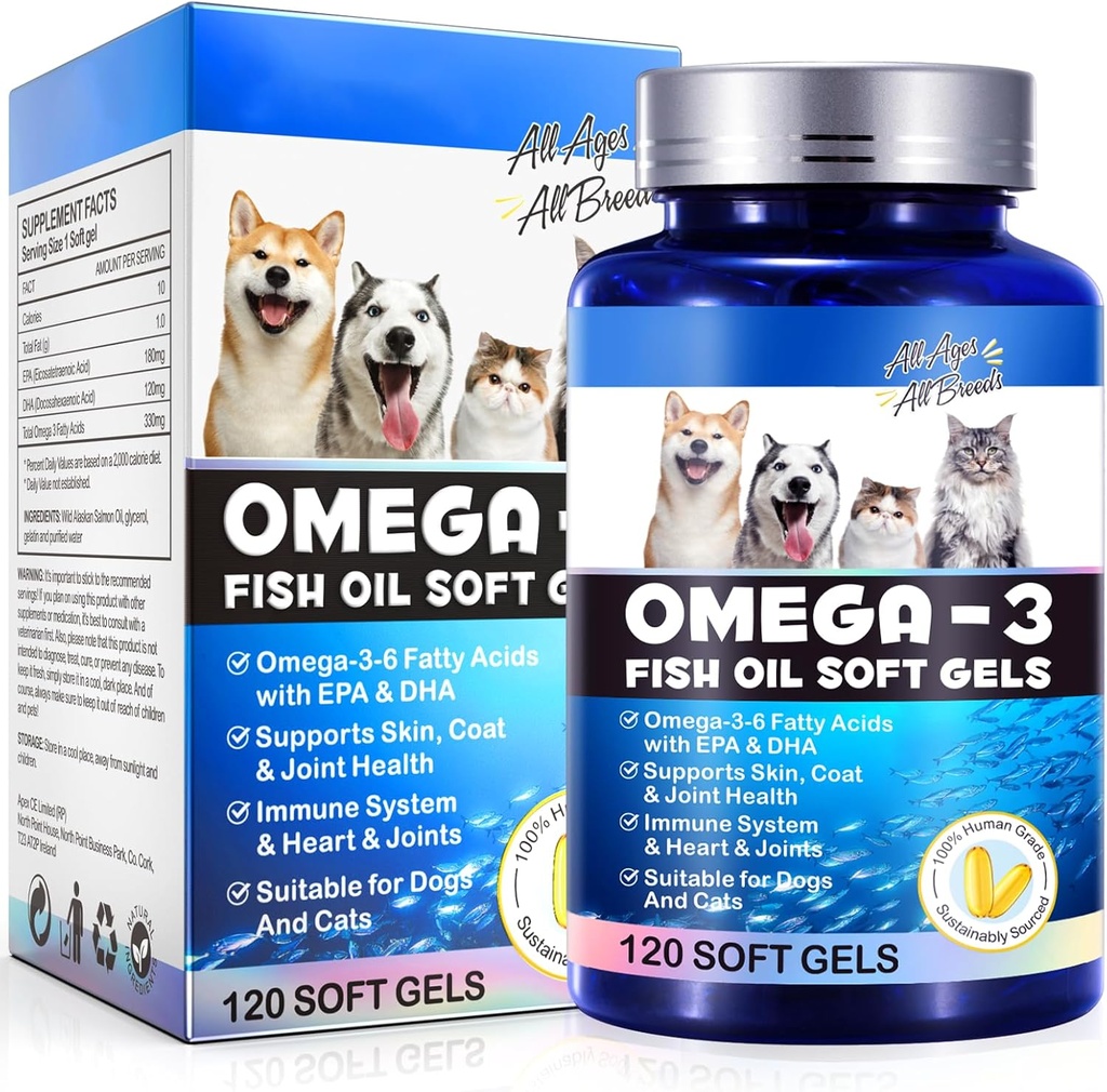 Omega-3 犬のための魚油, Omega 3 EPA と魚油 & DHA は、犬の季節アレルギー救済をサポート, 免疫機能を強化します。, 炎症の軽減とコートの健康を促進します。, ペットサプリメント - 120 ソフトジェル