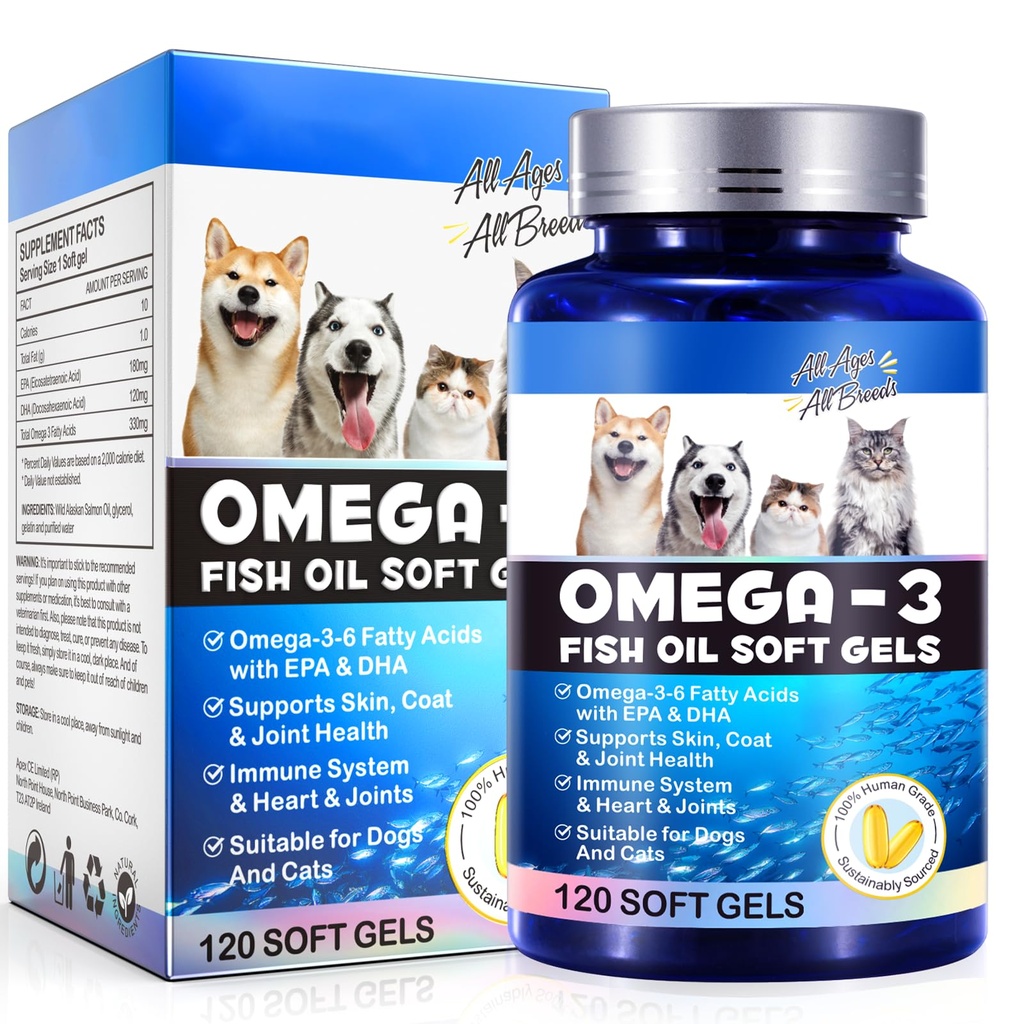 Omega-3 犬のための魚油, Omega 3 EPA と魚油 & DHA は、犬の季節アレルギー救済をサポート, 免疫機能を強化します。, 炎症の軽減とコートの健康を促進します。, ペットサプリメント - 120 ソフトジェル