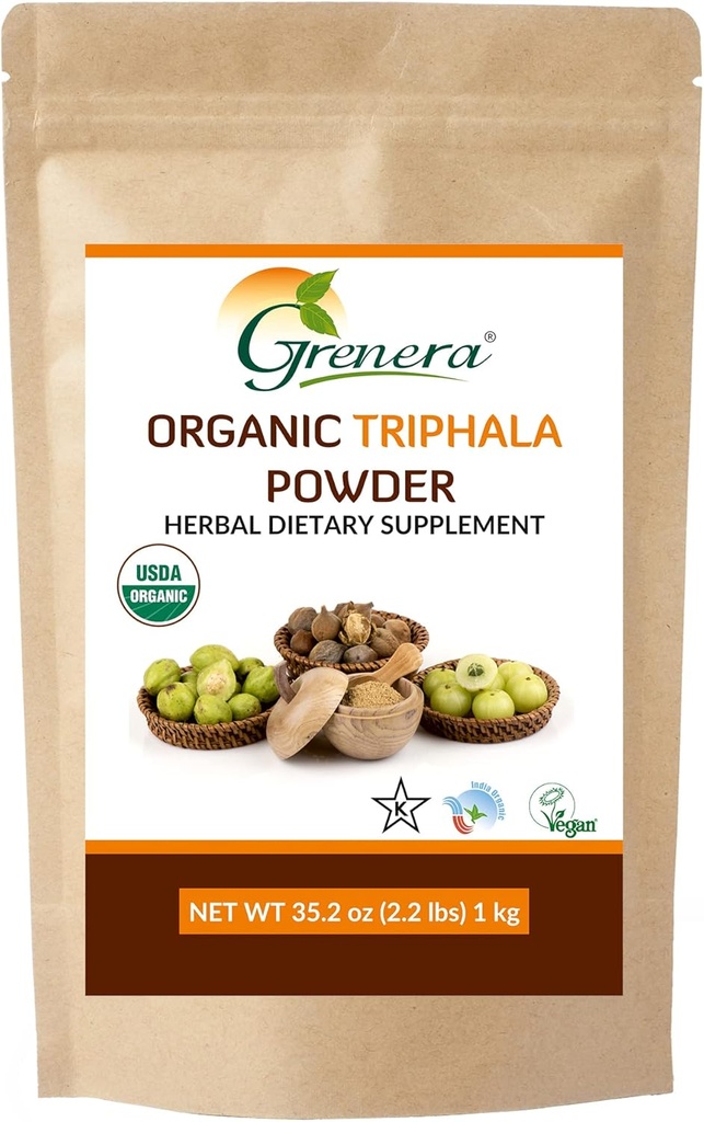 Grenera Organic Triphala Powder 2.2 lb (35.2 Ounce) - 有機アマラキ、有機ビブヒタキ、有機性ハリタキ果実 - USDA オーガニック、ビーガン、コーシャ認定
