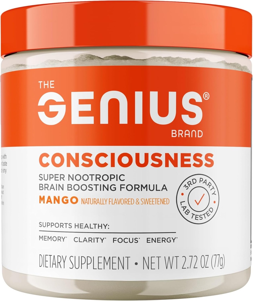 Genius Consciousness, Super Nootropic Brain Supplement Powder, Mango - Boost Focus, Cognitive Function, Concentration & Memory Booster - Alpha GPC & Lions Mane Mushroom for Neuro Energy & IQ