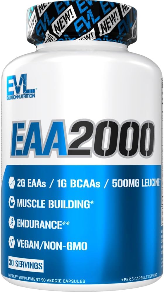 Evlution Nutrition EAA2000 - プレ&ポストワークアウトカプセル - 筋肉の建物+回復サプリメント - 2gエッセンシャルアミノ酸+ 1g BCAA - 持久力+エネルギーサポート - 30サービング