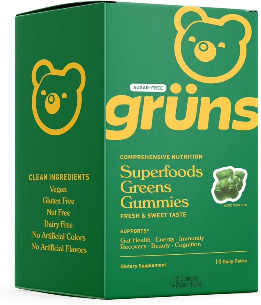 Gruns Sugar Free Super Greens Gummy Bears - 有機スピルリナとクロレラ、消化の健康のためのプレバイオティクス、20 +ビタミンとミネラル、アダプトゲン - 14サック - 112グミー