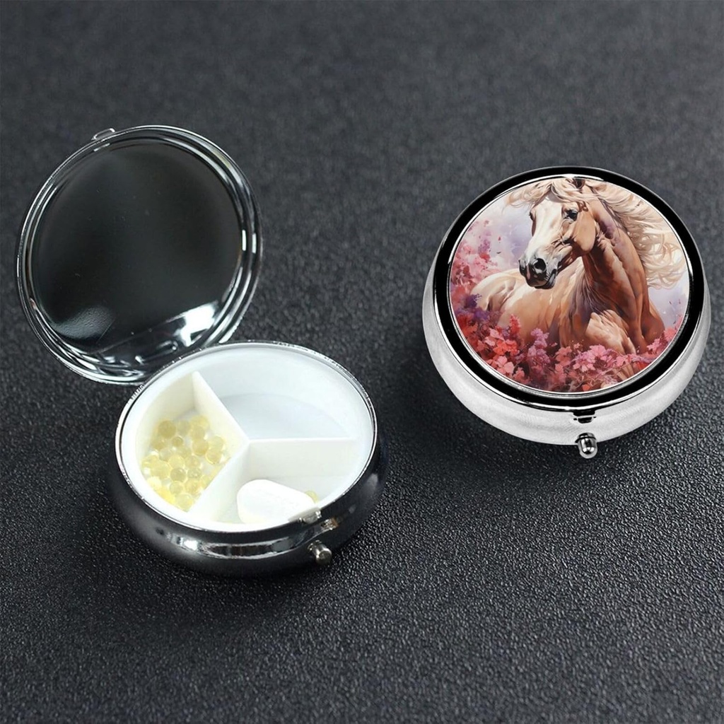 円形の丸薬箱3のコンパートメントの丸薬箱の丸薬はビタミンの魚油箱の補足箱のための小さい丸薬の場合の水彩色の馬の丸薬のオルガナイザーを扱います