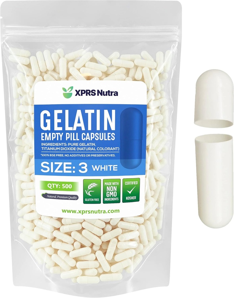 XPRSのNutraのサイズ3の空のカプセル- 500の空のゼラチンのカプセル-Pills DIYのカプセルの詰物-純粋なボvineの丸薬のゲルの帽子のfillableのDo-It-Yourselfのビタミンおよび補足(白)
