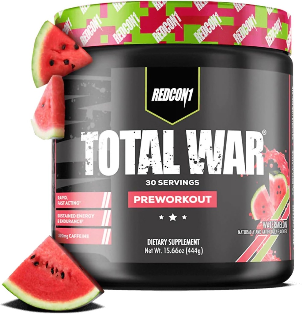 REDCON1 Total War Pre Workout、Watermelon - Lシトルリン、リンゴ酸、ポンプのグリーンティーリーフ抽出物は、女性と男性のためのプレワークアウトをブースト - 3.2gベータアラニンを削減し、排ガス(30のサービング)