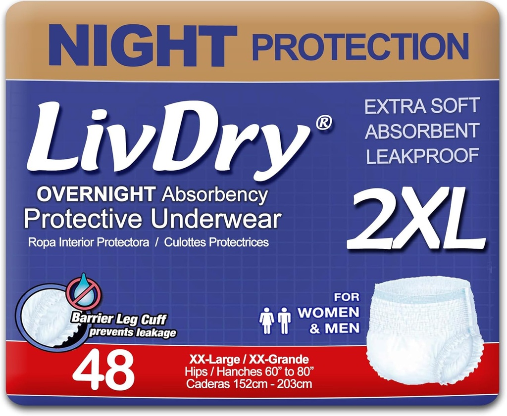 LivDry XXL オーバーナイト 大人 おむつ のための 女性と男性, 無限 アンダーウェア, XX-Large, 48-パック