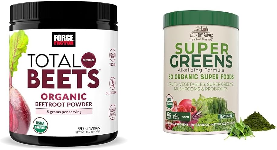 Force Factor Total Beets Organic Beetroot Powder and Country Farms Super Greens Drink Mix, 50 Organic Superfoods, 20 Servings