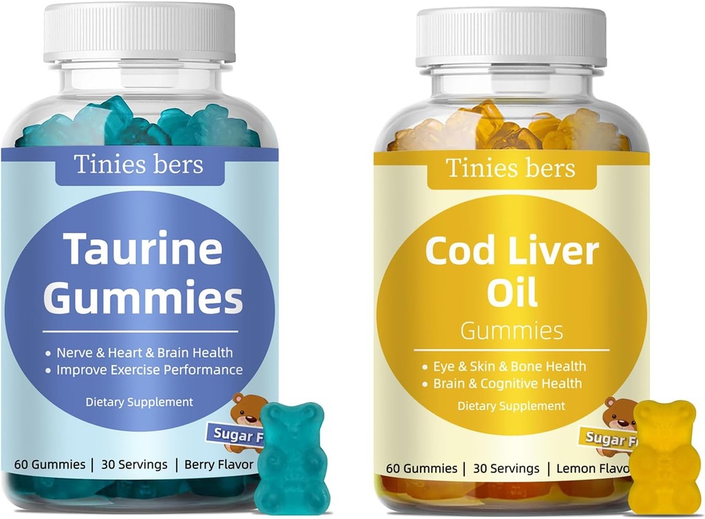 Taurine Gummies 1000mg, Cod Liver Oil Gummies 1000mg, Sugar Free for Adults and Kids, Amino acids, Omega-3s & Vitamin A&D for Cognitive, Heart & Eye Health, Boost Immune