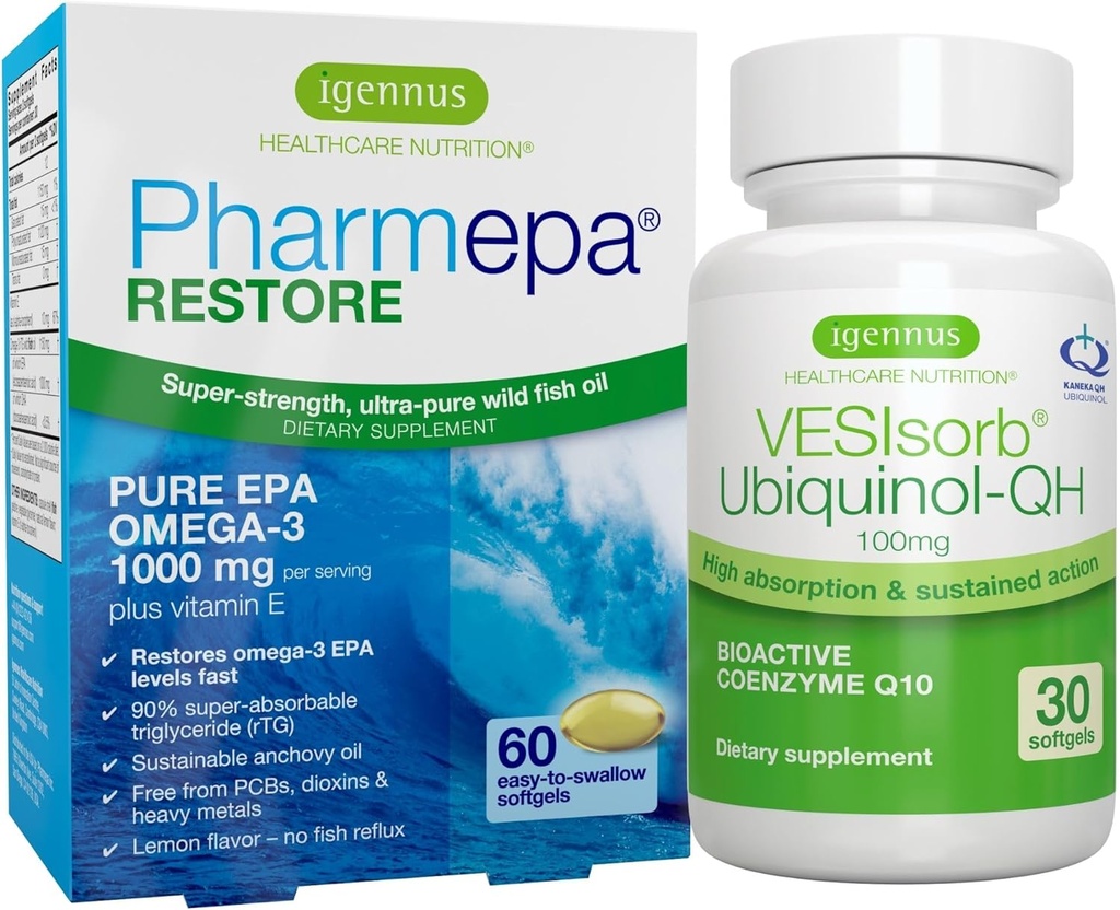 Pharmepa Restore EPA&VESIsorb Ubiquinol-QH CoQH CoQ10ハートヘルスバンドル、Igennus