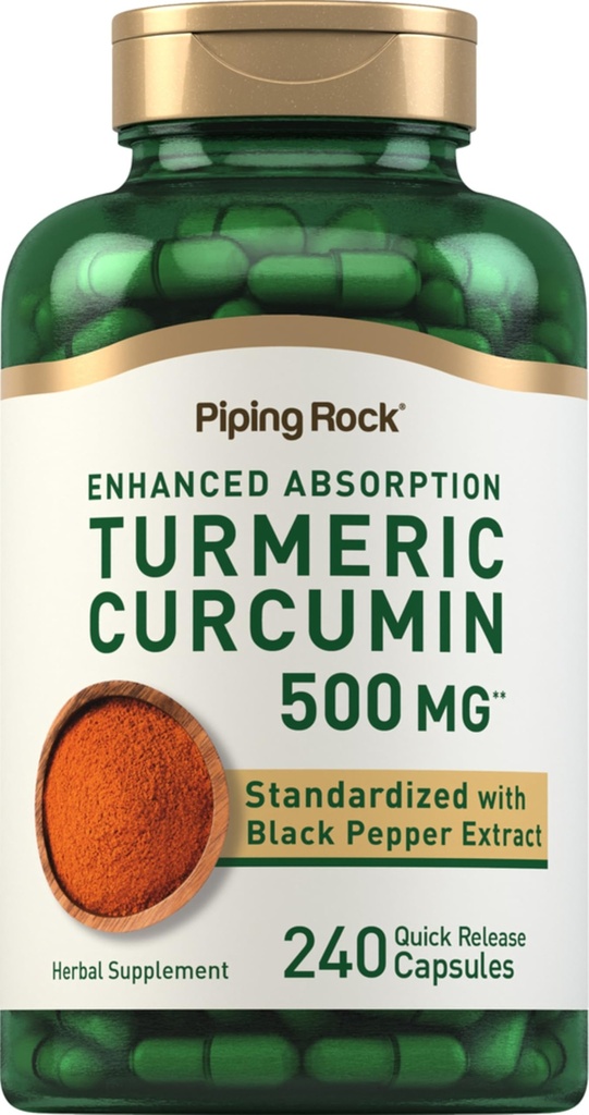 パイピングロックターメリッククルクミンサプリメント500mg | 240カプセル | ブラックペッパー付き | 標準化複合エキス | 非GMO、グルテンフリー