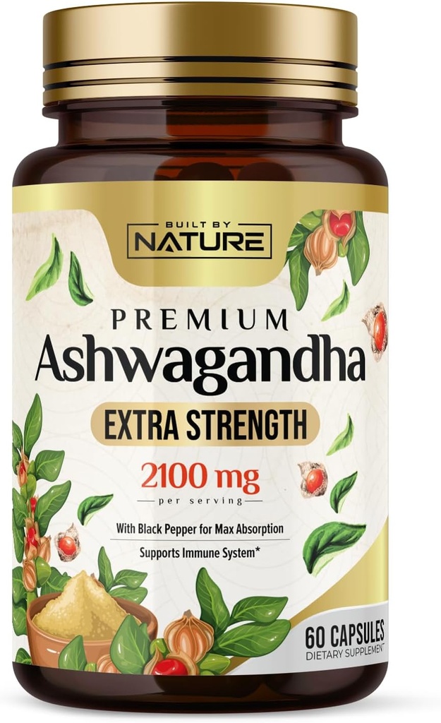 最高の吸収のための黒いペッパーのエキスとの性質のAshwagandha 2100mgの余分強さの圧力救助及び気分サポートによって造られる-非GMO、ビーガン、グルテンフリー- 60のカプセル