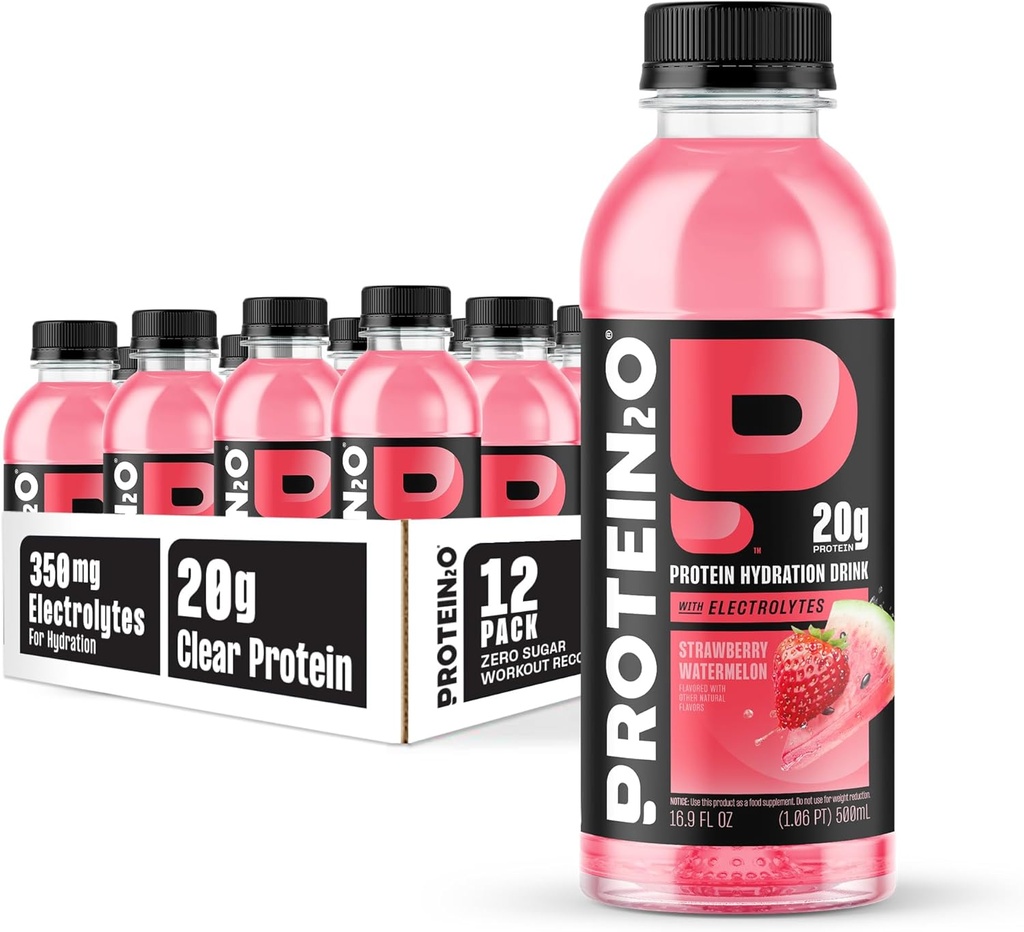Protein2o Hydration Drink - 2-in-1 液体クリアウィープロテイン アイソレートと電解液ドリンク - 20g タンパク質、ビタミンB5、B6 - ポストワークアウトの回復 - 16.9 Fl Oz - 12 カウント イチゴのスイカ