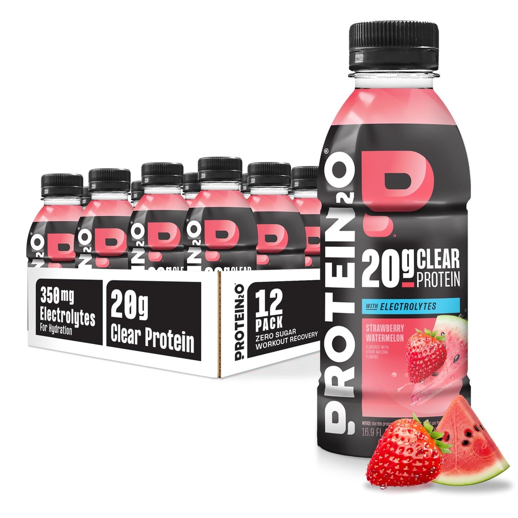 Protein2o Hydration Drink - 2-in-1 液体クリアウィープロテイン アイソレートと電解液ドリンク - 20g タンパク質、ビタミンB5、B6 - ポストワークアウトの回復 - 16.9 Fl Oz - 12 カウント イチゴのスイカ