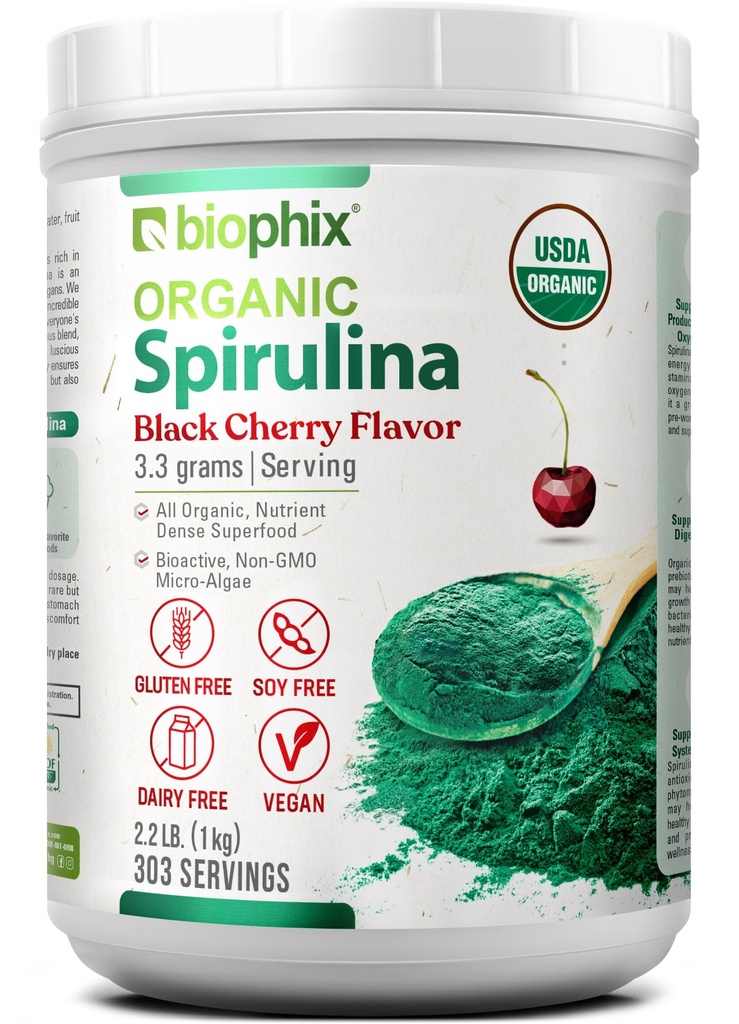 バイオフィックス有機スピルリナパウダー2.2 lbブラックチェリーフレーバー - Protein-Rich Nutrient-Dense Superfood - 強力な抗酸化剤 - 免疫健康をサポート