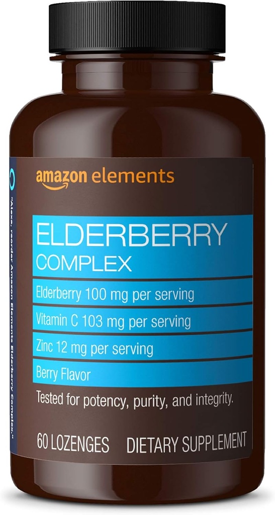 要素エルダーベリーコンプレックス、免疫システムサポート、60ベリー風味のロゼンジ、エルダーベリー100mg、ビタミンC 103mg、給餌あたり亜鉛12mg(パッケージは異なる場合があります)