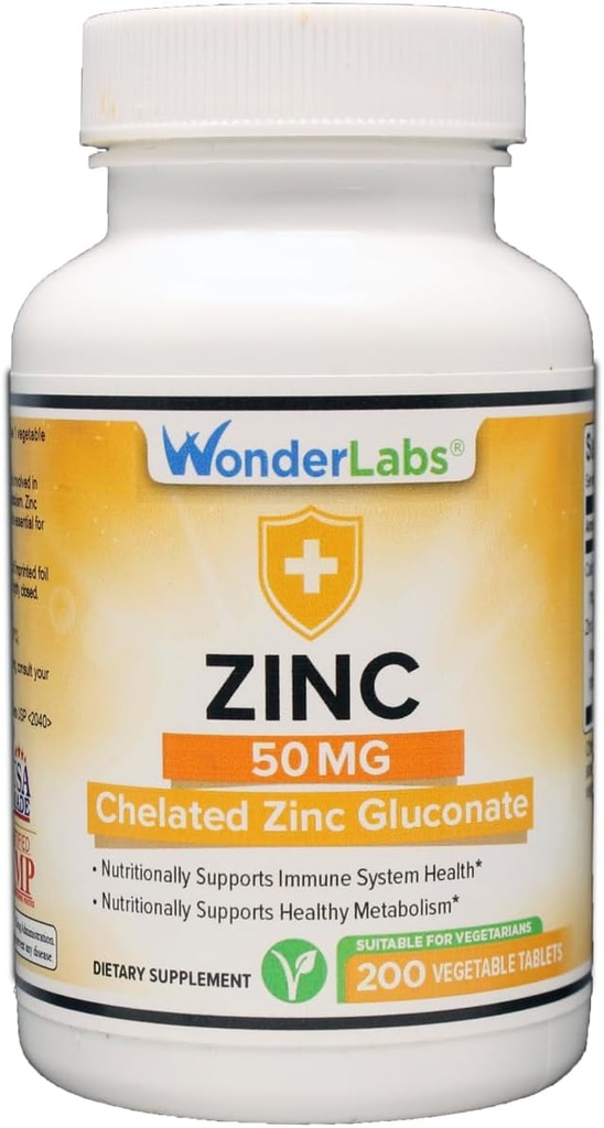ワンダーラボラトリーズキレート亜鉛グルコネート50mg - ヘルシースキン、免疫システム、細胞成長をサポート - 200ベジタリアンタブレット