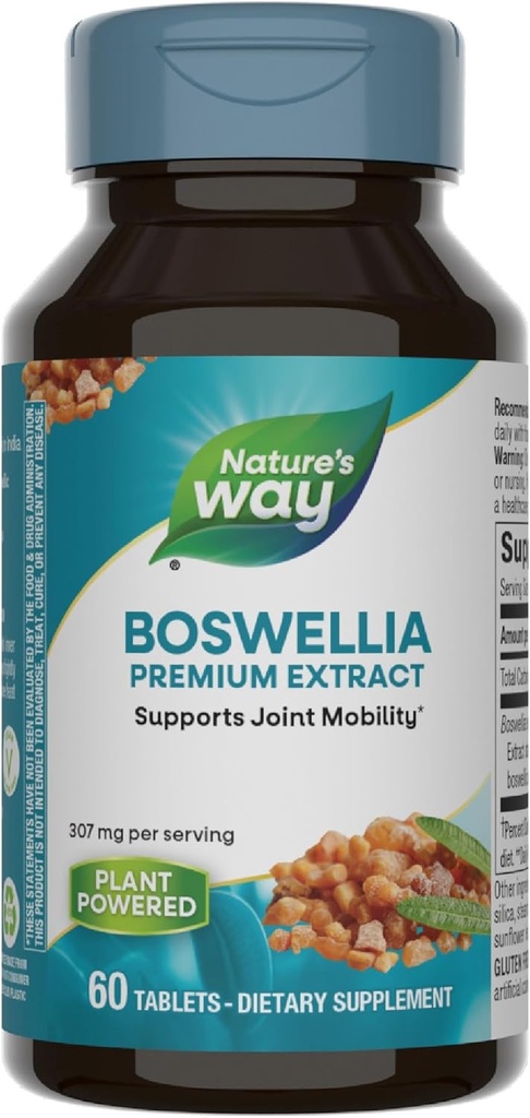 Nature's Way Boswellia Premium Extract, Supports Joint Mobility*, 307 mg Boswellia serrata Extract per Serving, Frankincense Supplement, Gluten Free & Vegan - 60 Tablets (Packaging May Vary)