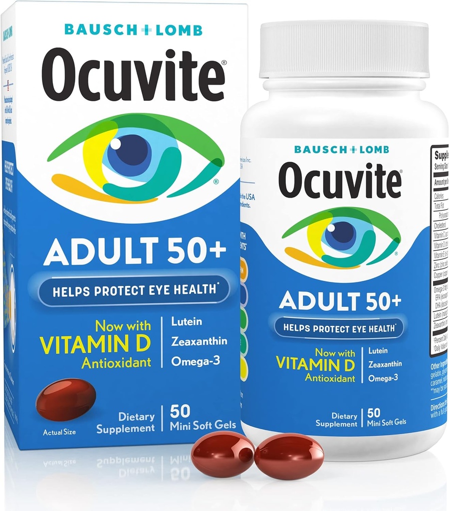 Ocuvite 50+ の目のビタミン及びミネラル補足、Omega-3、亜鉛、ビタミンC及びE、Lutein及びゼアキサンチン、女性および人のための亜鉛補足、50 のSoftgels との視野及び眼の健康のための多ビタミン