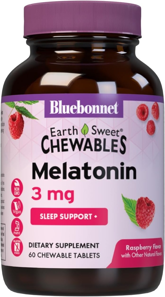 Bluebonnet栄養EarthSweet Melatonin 3mg高速活性クイック解体ナイトタイムリラックス&残りの睡眠サポート - 睡眠補助金 - グルテンフリー、ビーガン - ラズベリー味 - 60Chewable錠