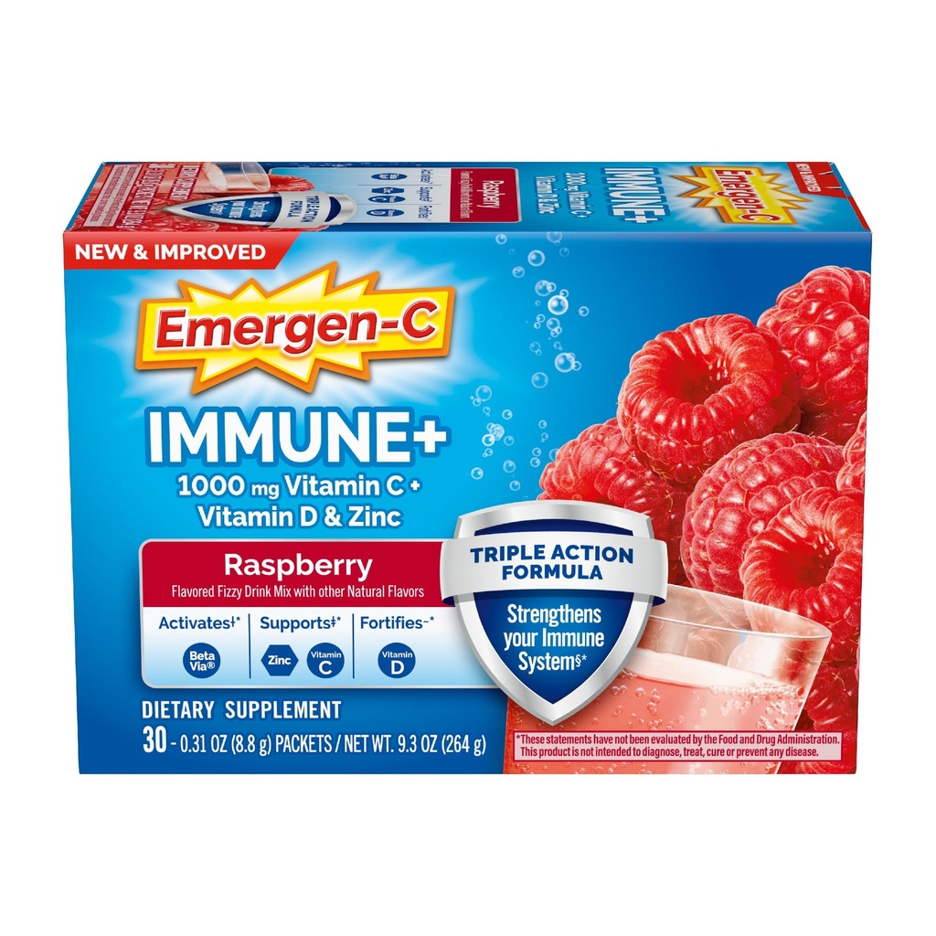 Emergen-C Immune+トリプルアクション免疫サポートパウダー、BetaVia(R)、1000mgビタミンC、Bビタミン、ビタミンDおよび抗酸化剤、ラズベリー、学校に戻ってエッセンシャル - 30カウント