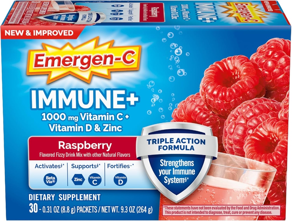 Emergen-C Immune+トリプルアクション免疫サポートパウダー、BetaVia(R)、1000mgビタミンC、Bビタミン、ビタミンDおよび抗酸化剤、ラズベリー、学校に戻ってエッセンシャル - 30カウント