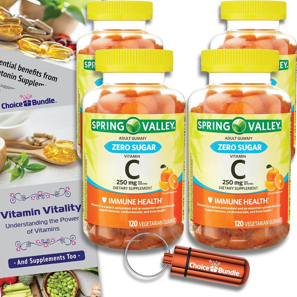 選択バンドルスプリングバレーゼロシュガービタミンCグミーサプリメント250mg 120 Ct 4 pk(480 Total)+ビタミンガイド&ピルコンテナ(6アイテム)!