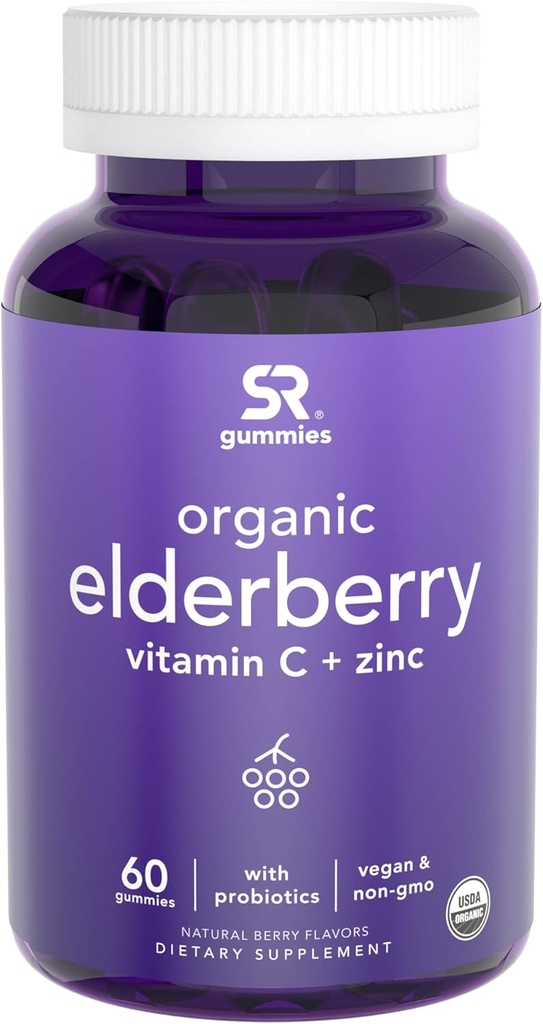 Elderberry Gummies Concentrate (65:1) with Vitamin C, Zinc & Probiotics for Immune Support & Gut Health | USDA Organic, Vegan Certified & Non-GMO Verified (60 Vegan Gummies)