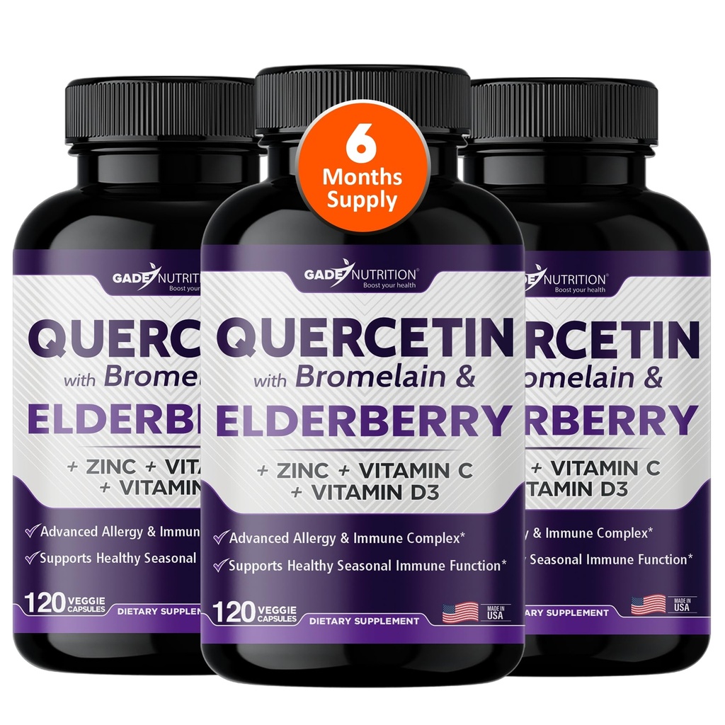 Gade Nutrition Quercetin with Bromelain & Elderberry | ビタミンCと亜鉛でケルセチン | ビタミンD3の亜鉛ケルセチン500mg | 毎日の免疫サポートサプリメント - 6ヶ月の供給