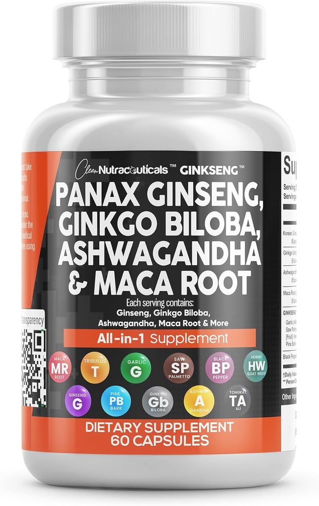 きれいなNutraceuticalsのPanaxのGinsengのGinkgoのBilobaのAshwagandhaのマカの根-松の樹皮のエキス、ニンニクおよび鋸のPalmettoの焦点の補足の丸薬- 60の帽子