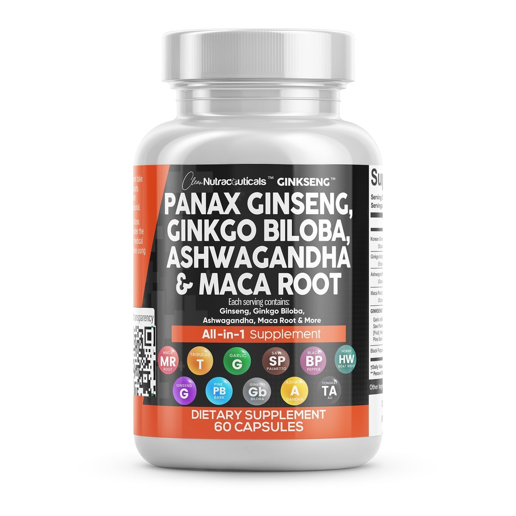 きれいなNutraceuticalsのPanaxのGinsengのGinkgoのBilobaのAshwagandhaのマカの根-松の樹皮のエキス、ニンニクおよび鋸のPalmettoの焦点の補足の丸薬- 60の帽子