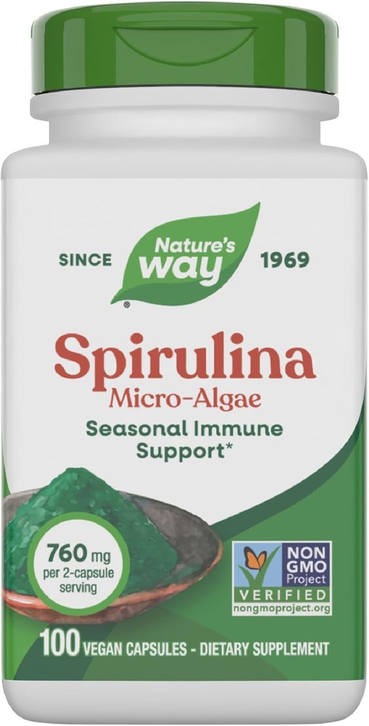 Nature's Way Spirulina Micro-Algae, 季節の免疫サポート*, ビタミンAのソース (ベータカロテン), 760 mg / サービング, 100 ビーガン (パッケージ 5 月 Vary)