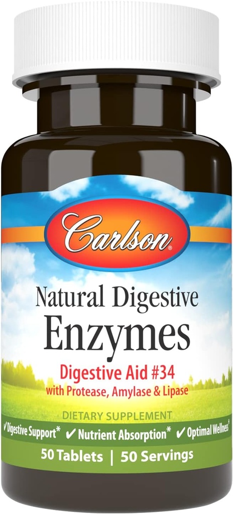 Carlson - Natural Digestive Enzymes, Digestive Aid #34 with Protease, Amylase & Lipase, Digestive Support, Nutrient Absorption & Optimal Wellness, 50 Tablets