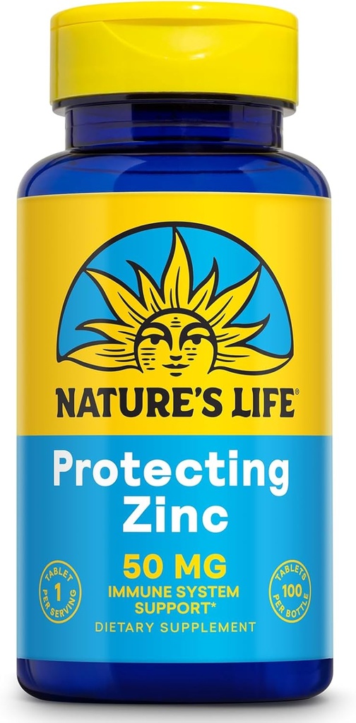 NATURE'S LIFE Protecting Zinc 50mg with 2.5mg Copper - Chelated Zinc Supplement for Immune Support, Bone Health, Muscle Function and Heart Health Support, 60-Day Guarantee, 100 Servings, 100 Tablets