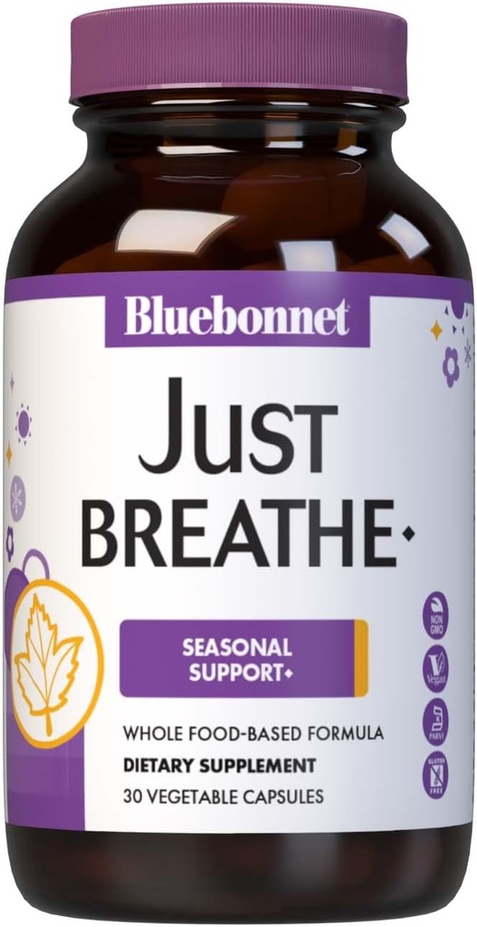 Bluebonnet Nutrition JustBreathe、Seasonal Support*、Non-GMO、Kosher認定、グルテンフリー、大豆フリー、乳製品フリー、30野菜カプセル、15サービング