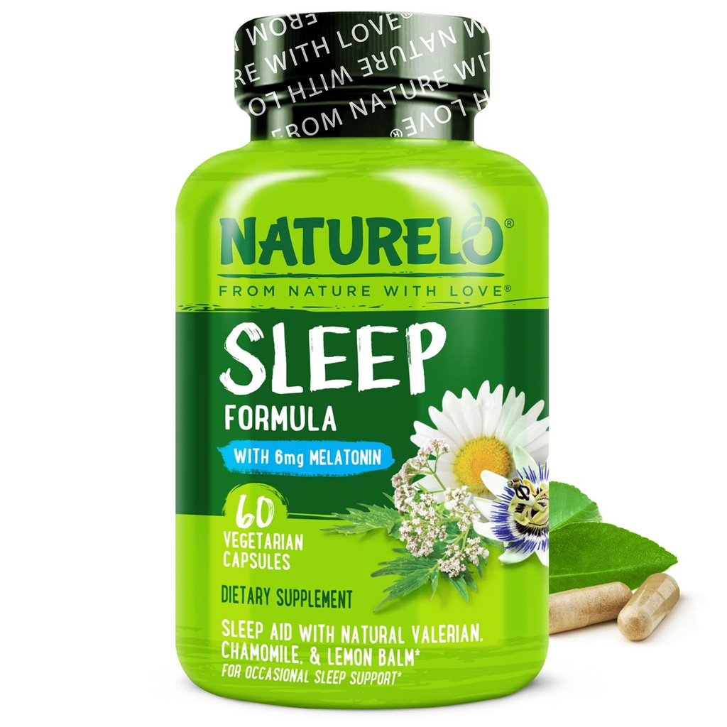 NATURELO Sleep Aid - Melatonin、マグネシウム、GABA、Valerian Root、Lemon Balm、Chamomile Herbal Extract - 植物ベースの睡眠補助金 - 60ビーガンカプセル