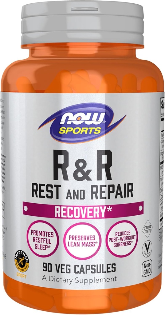 NOW Foods Sports Nutrition、R&R Rest and Repair、Recovery*、Recovery*、Reserves Lean Mass、Post-Workout Soreness*、Vegan、NGMO、90 Veg Capsulesを削減