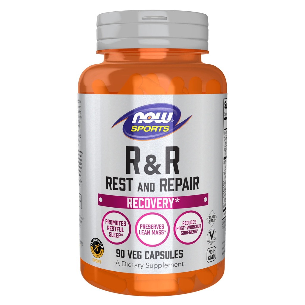 NOW Foods Sports Nutrition、R&R Rest and Repair、Recovery*、Recovery*、Reserves Lean Mass、Post-Workout Soreness*、Vegan、NGMO、90 Veg Capsulesを削減